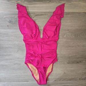 J.Crew Women's Pink Ruched Ruffle Swimsuit-one-piece